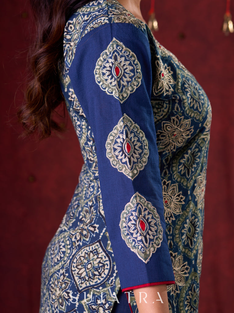Blue Hand Block-Printed Ajrakh Cotton Kurta with Minimal Embroidery and Applique Sleeves