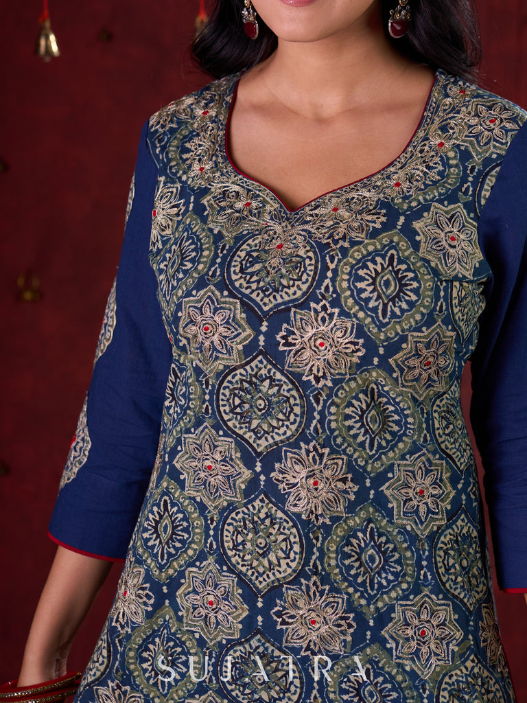 Blue Hand Block-Printed Ajrakh Cotton Kurta with Minimal Embroidery and Applique Sleeves