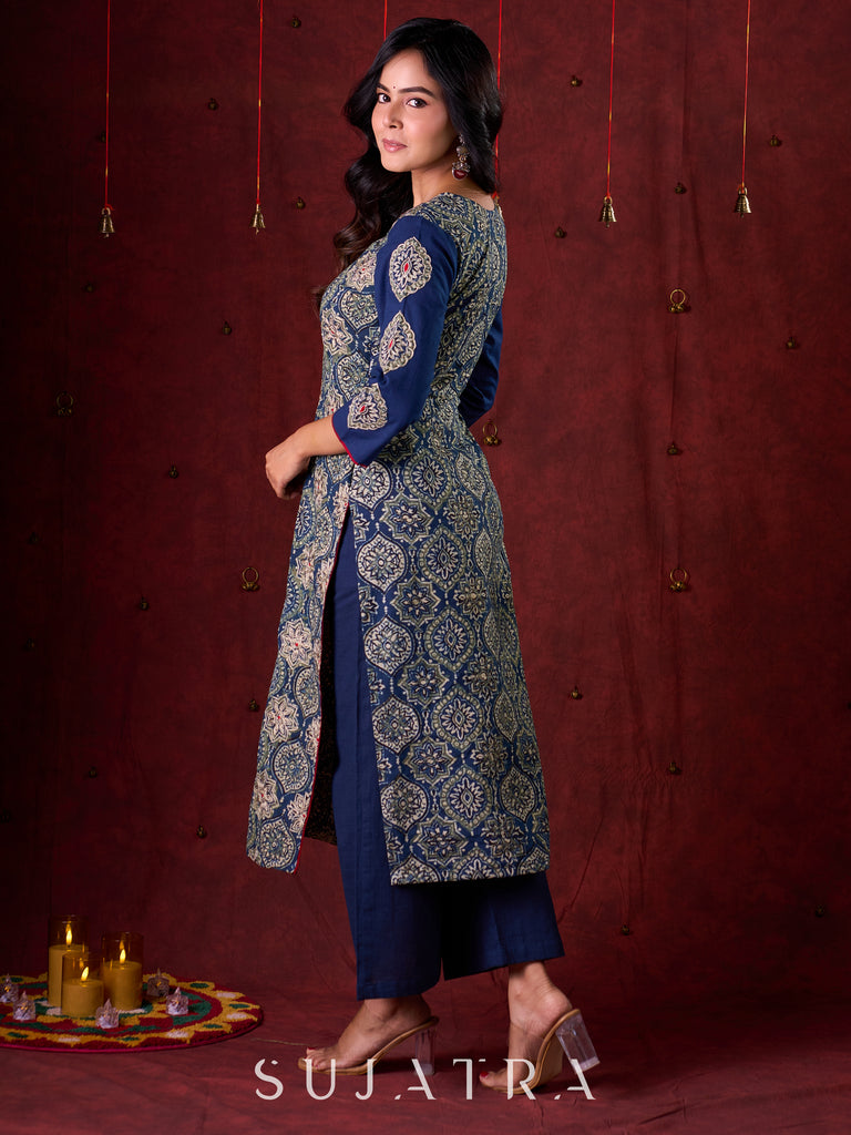 Blue Hand Block-Printed Ajrakh Cotton Kurta with Minimal Embroidery and Applique Sleeves