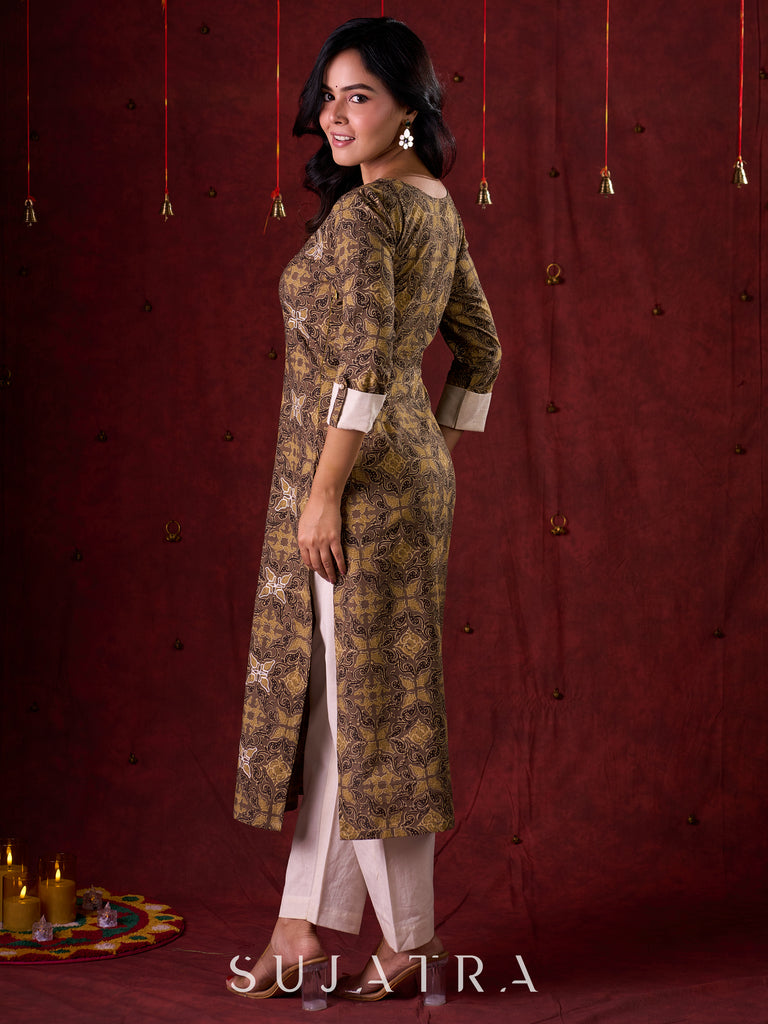 Natural Beige Ajrakh Cotton Kurta with Handcrafted Embroidery all over