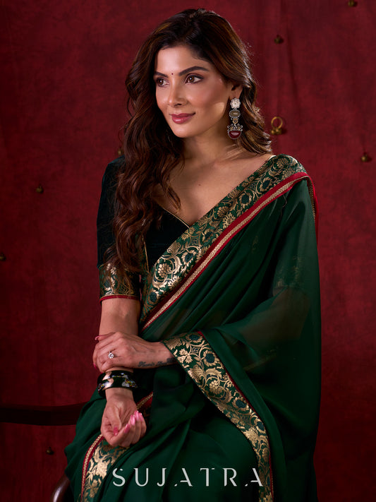 Emerald Bottle Green Silk Blend Saree with Rich Brocade Border & Red Contrast Highlights
