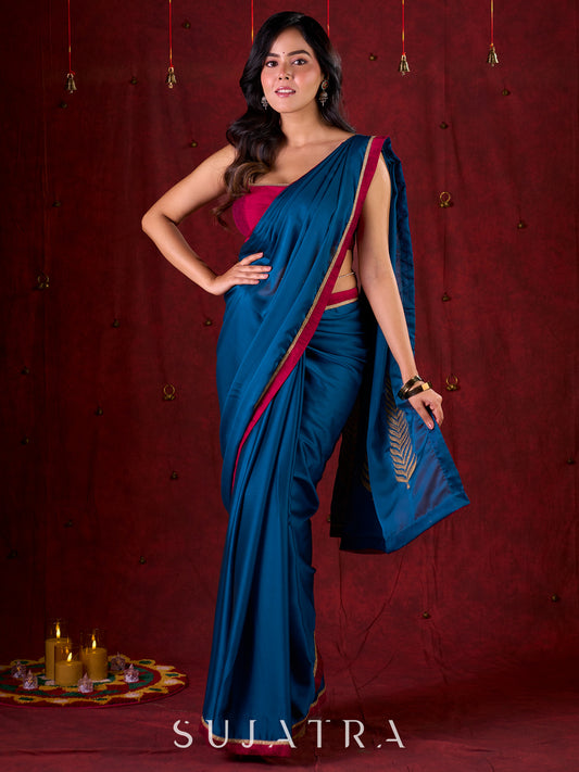 Deep Teal Silk Blend Saree Adorned with Magenta Border & Intricately Embroidered Pallu