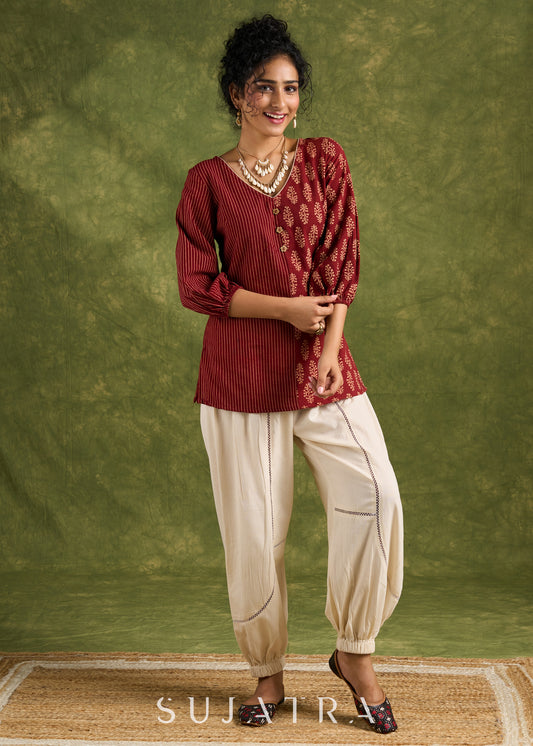 Elegant Maroon Cotton Ajrak Combination Top - Pant Optional