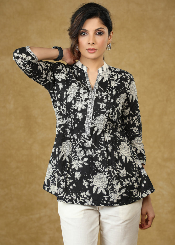 Designer Floral Black Printed Pleated Top with Mandarin Collar