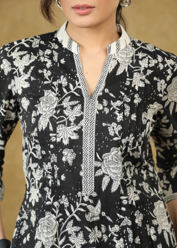 Designer Floral Black Printed Pleated Top with Mandarin Collar