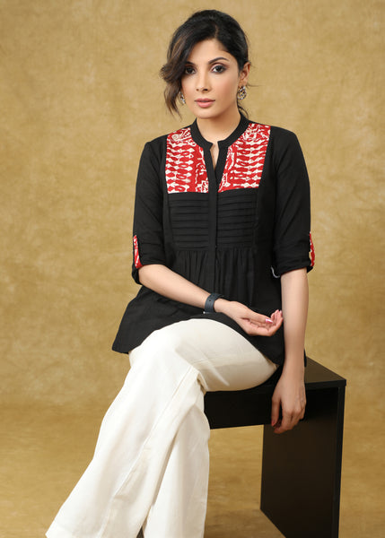 Smart Black Cotton Pleated Top with Red Detailing