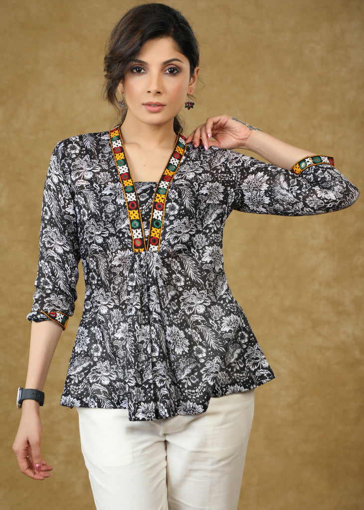Black Floral Printed Viscose Top with Mirrorwork