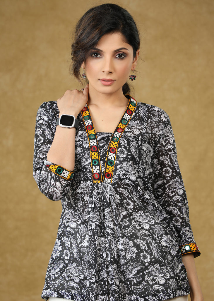 Black Floral Printed Viscose Top with Mirrorwork
