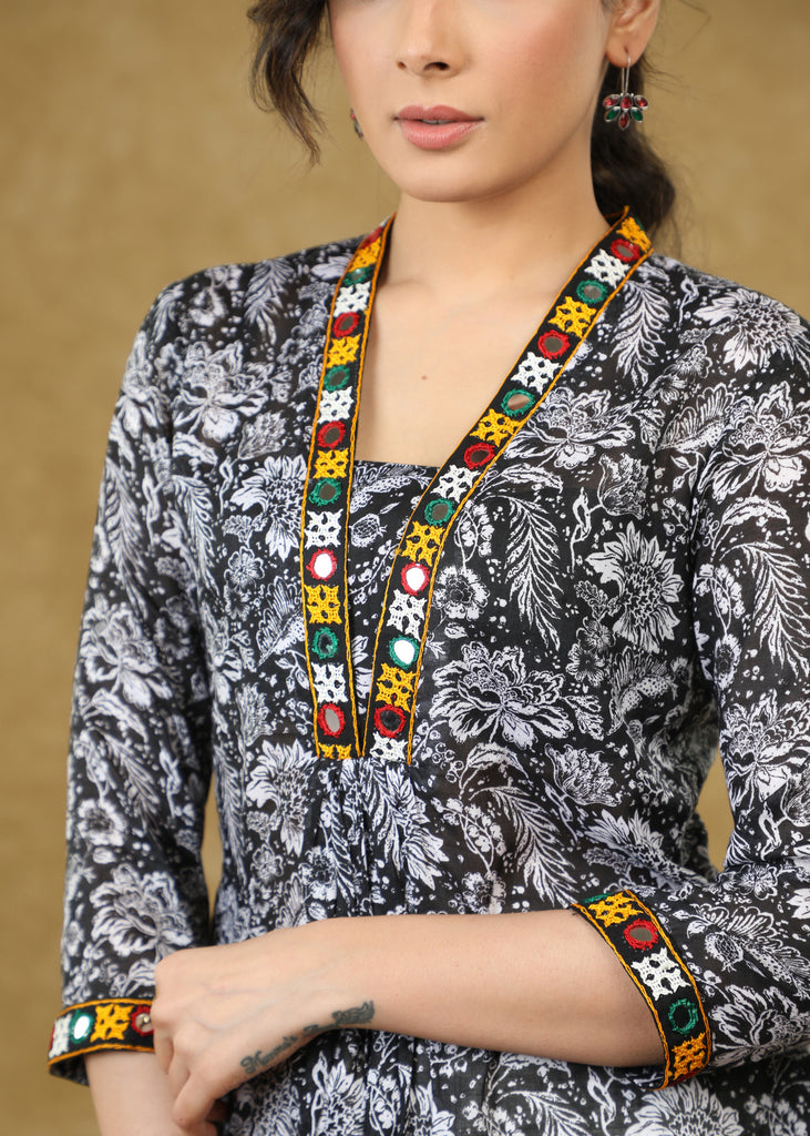 Black Floral Printed Viscose Top with Mirrorwork
