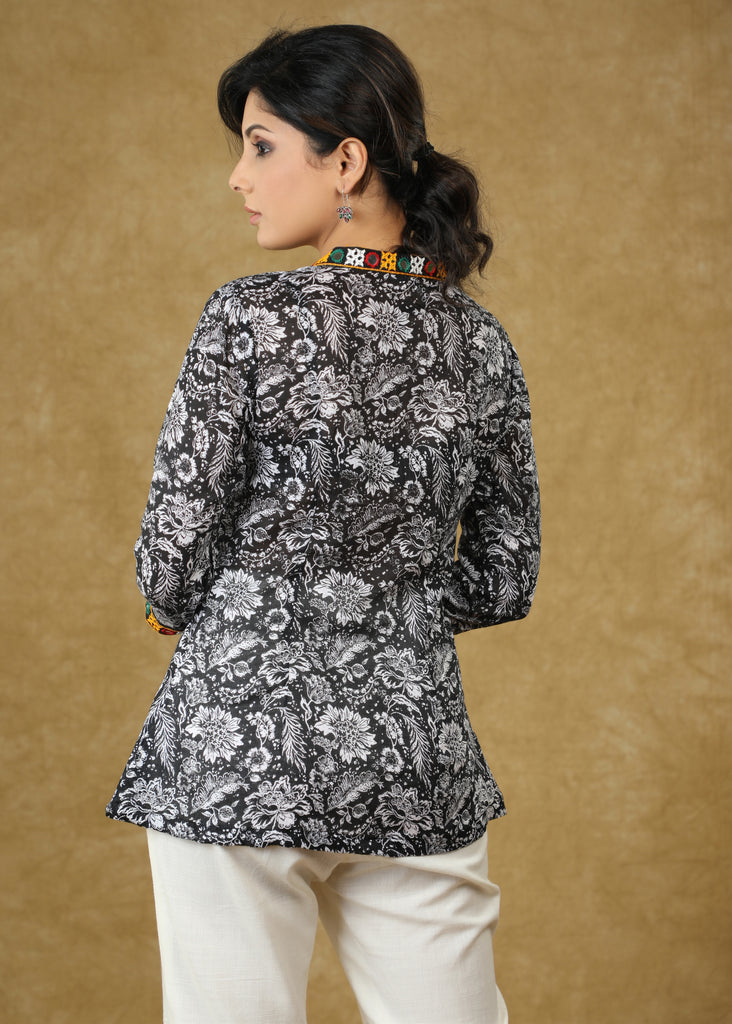 Black Floral Printed Viscose Top with Mirrorwork