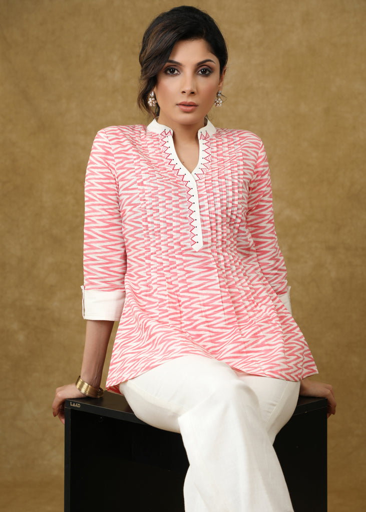 Sweet Pink Cotton Top with Pleats & Hand painted Detailing