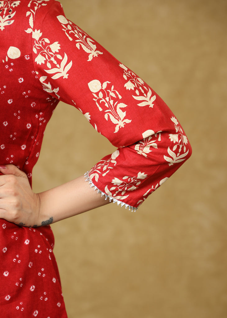 Bright Red Rayon Bandhani Printed Sequence Top