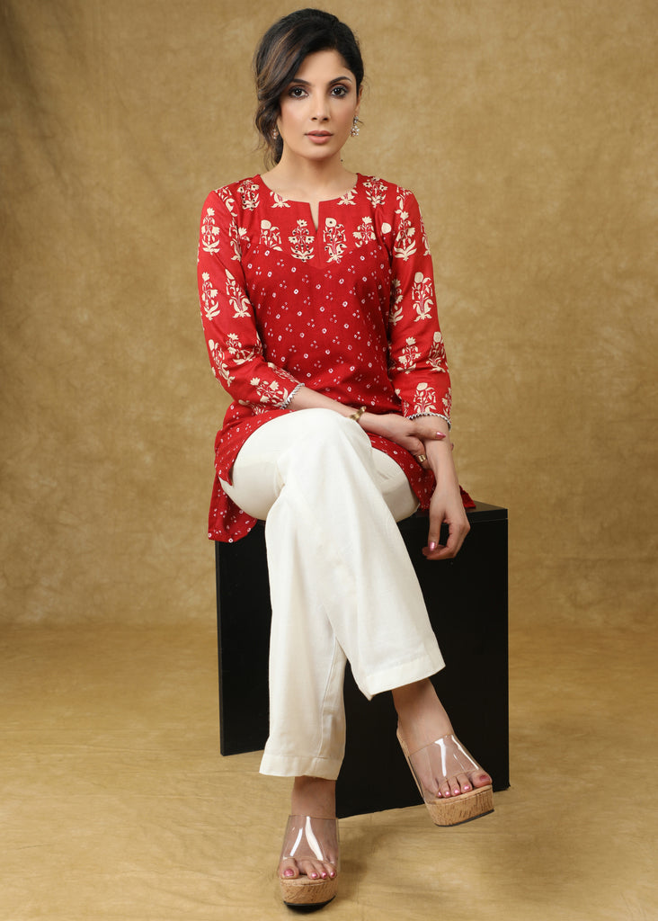 Bright Red Rayon Bandhani Printed Sequence Top