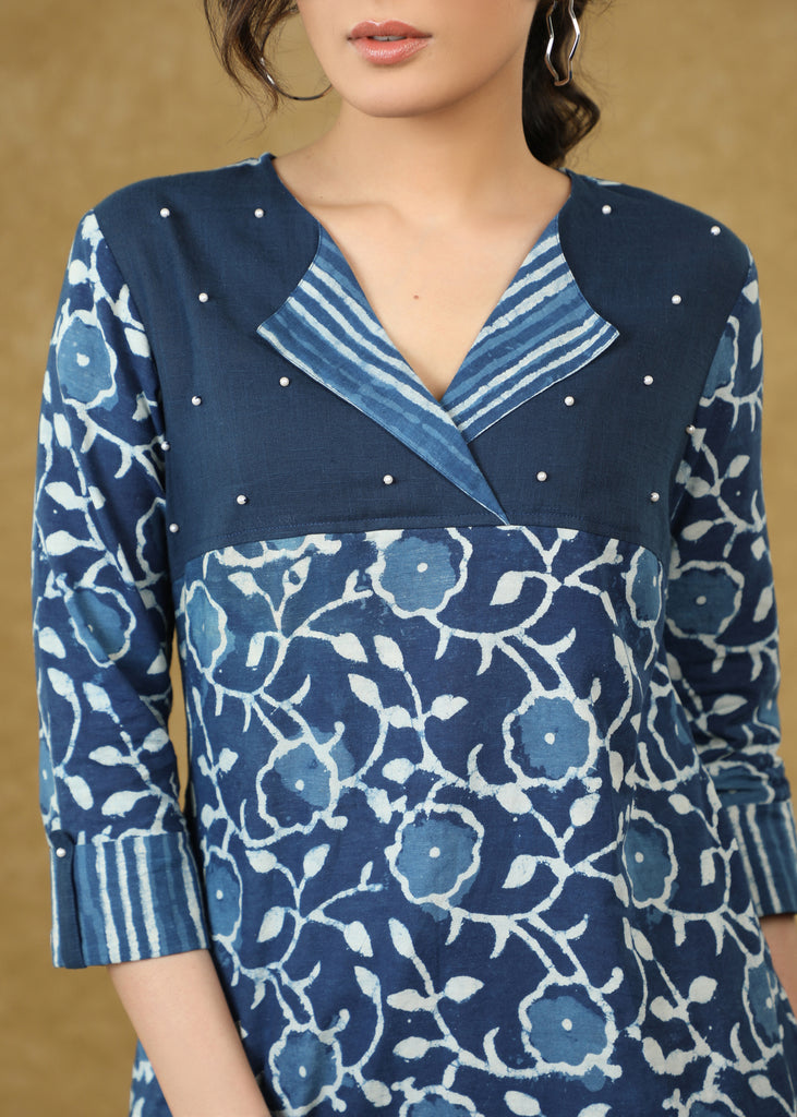 Smart Indigo Combination Designer Top with Pearl Embellishment.