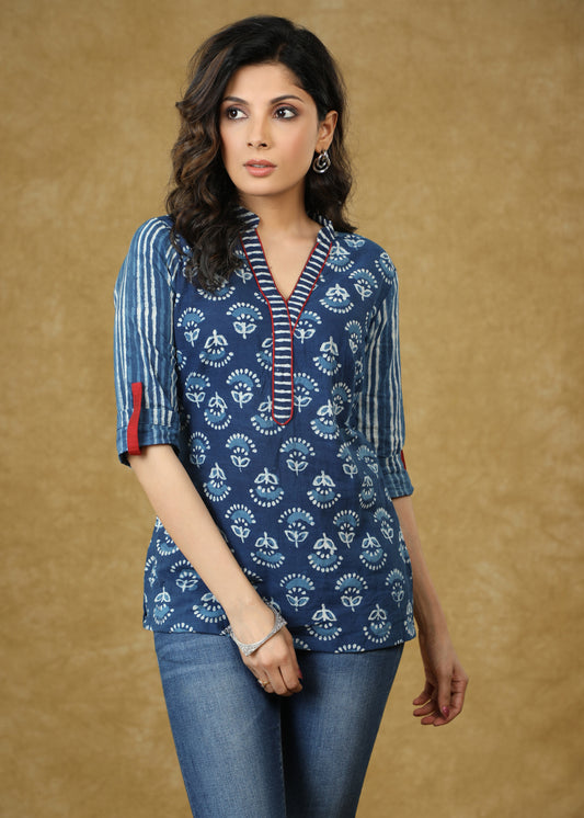 Classy Indigo Combination Cotton Top with Maroon Detailing