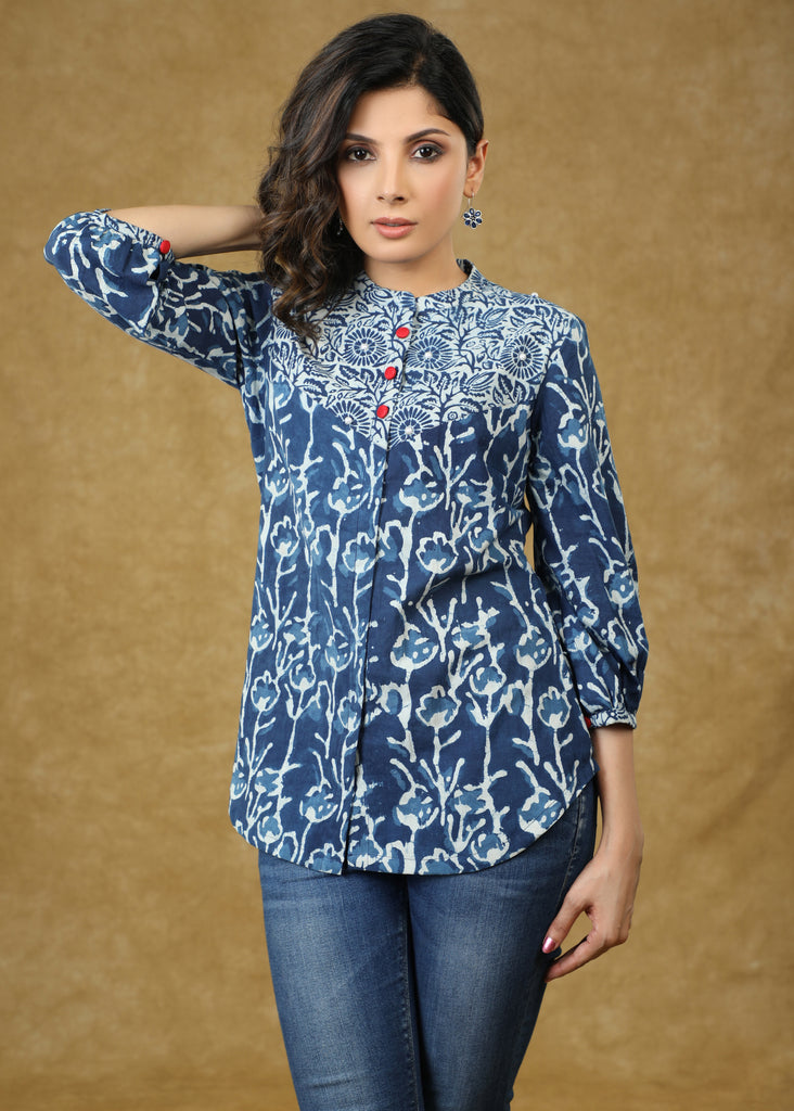 Beautiful Cotton Indigo Combination Top with Red Buttons