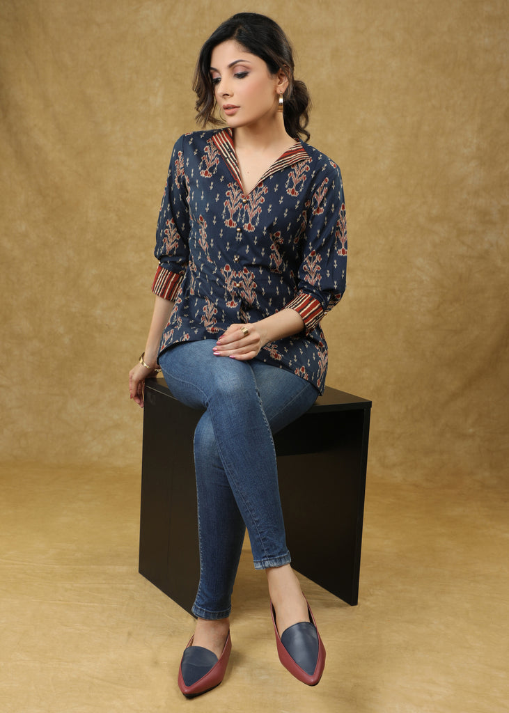 Blue Printed Gathered Sleeve Top with Smart Collar
