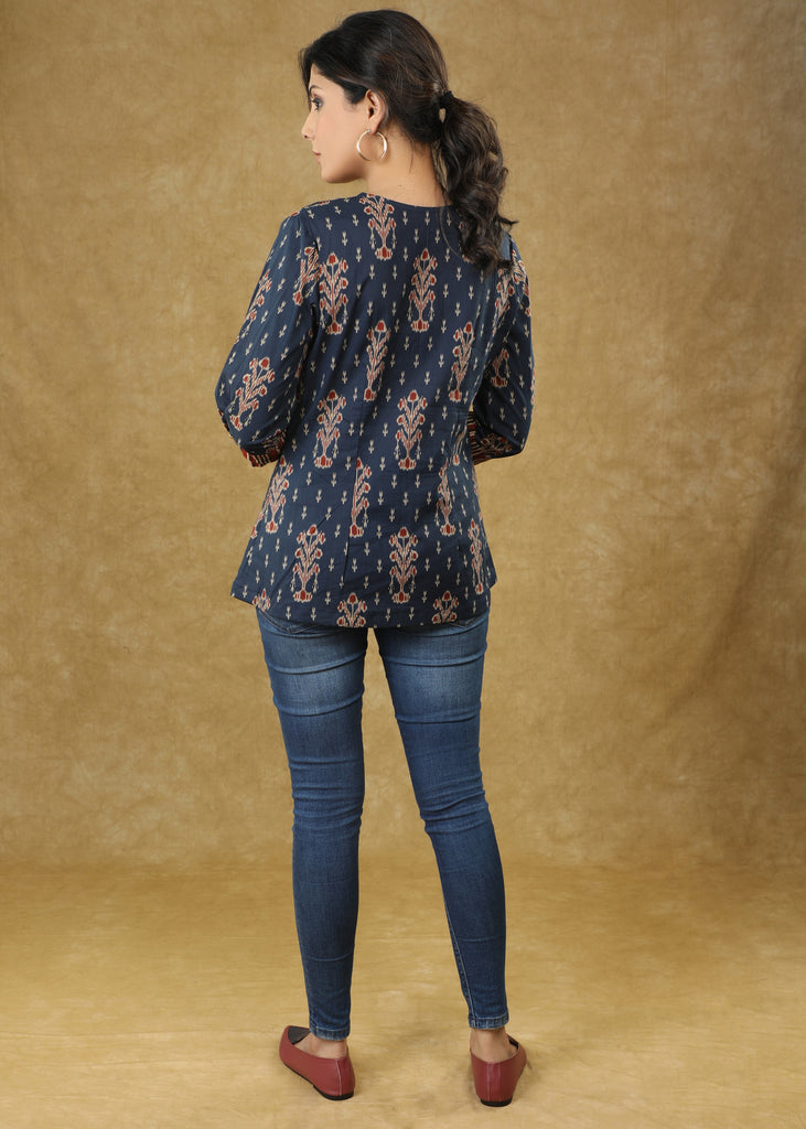 Blue Printed Gathered Sleeve Top with Smart Collar