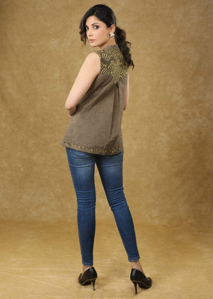 Exclusive Cotton Light Brown Sleevless Top with Ajrakh Detailing in the Neck & Shoulder