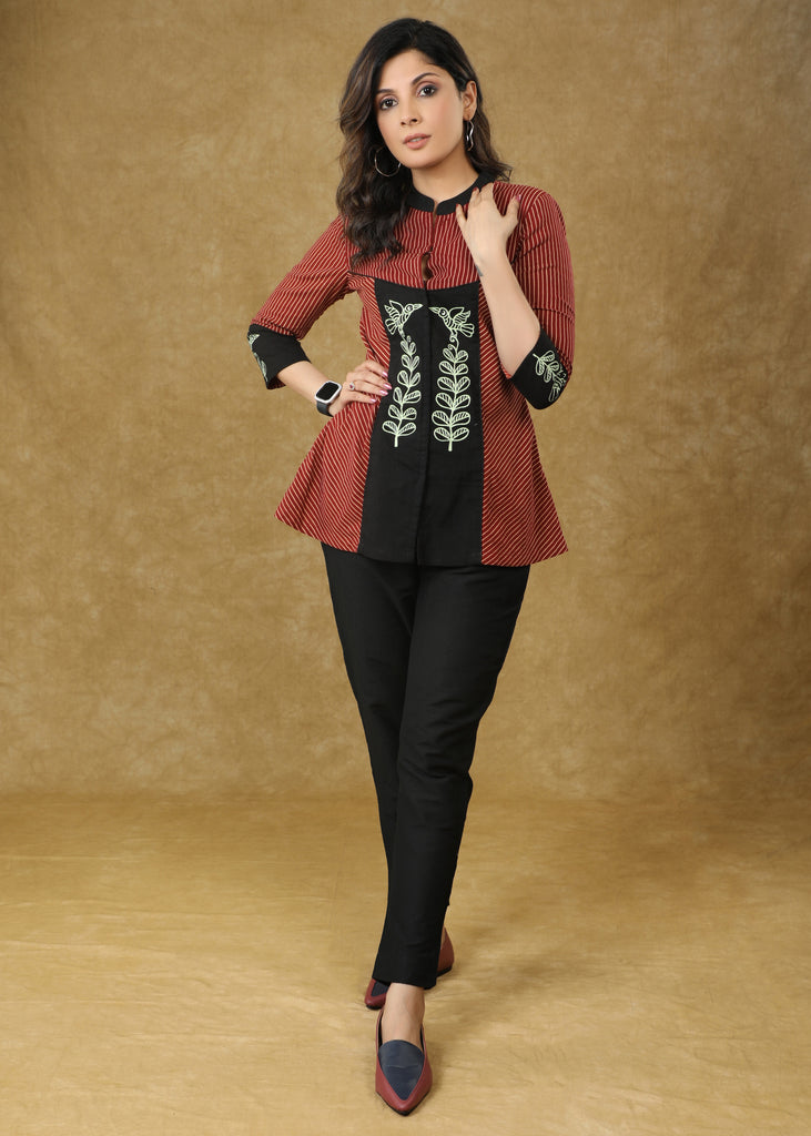 Elegant Gond Painted Maroon Line Ajrakh Top