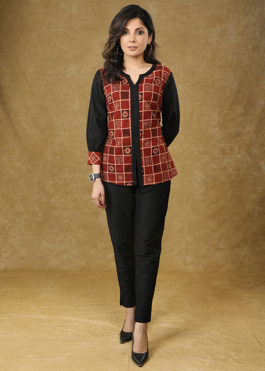 Designer Maroon Ajrakh Top with Black Sleeves