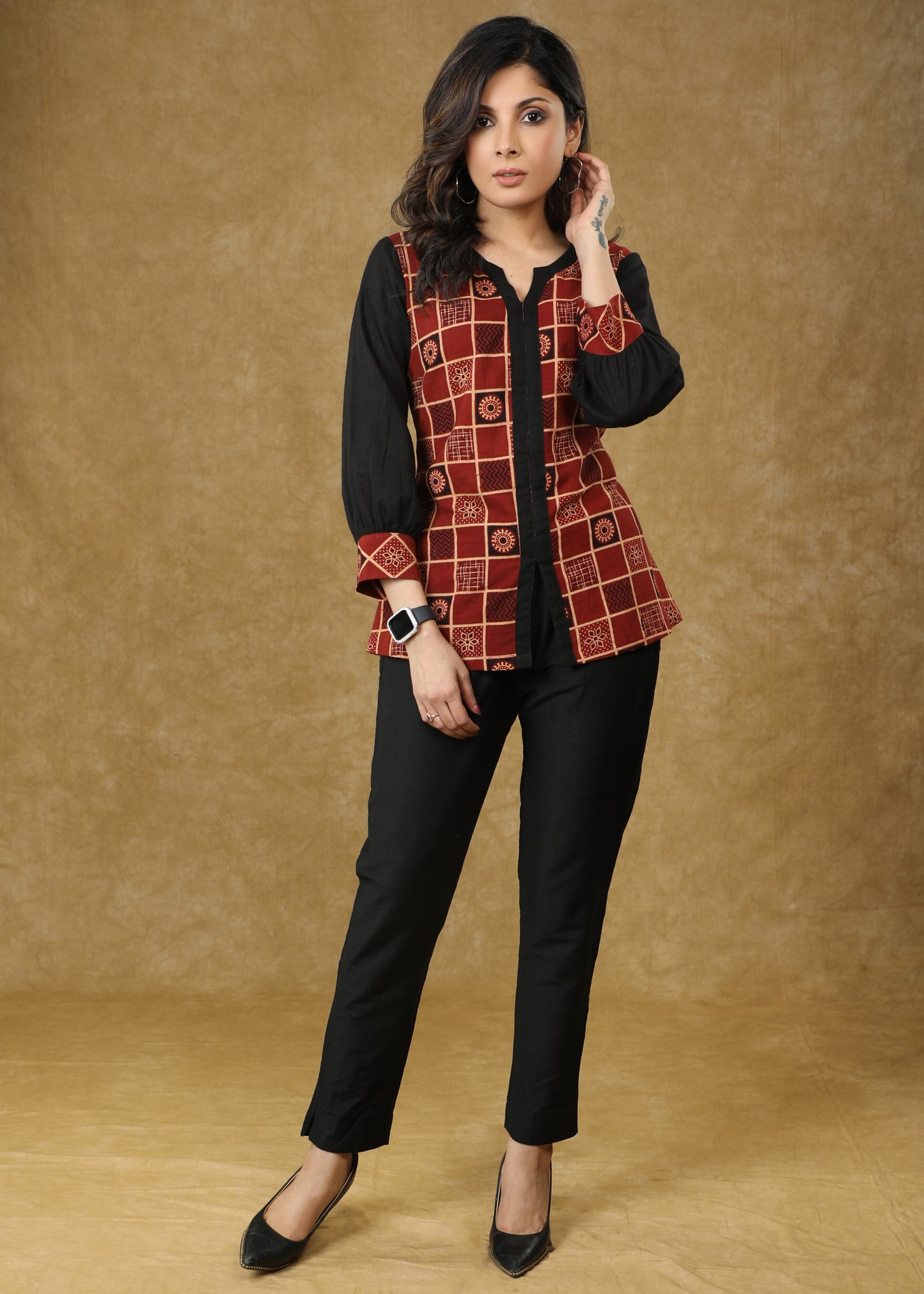 Designer Maroon Ajrakh Top with Black Sleeves
