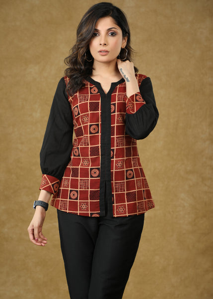 Designer Maroon Ajrakh Top with Black Sleeves