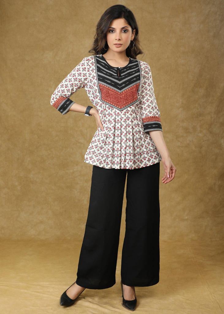 Beautiful Off-white Pleated Ajrakh Ikat Combination Top