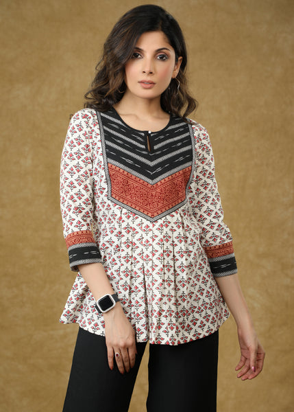 Beautiful Off-white Pleated Ajrakh Ikat Combination Top