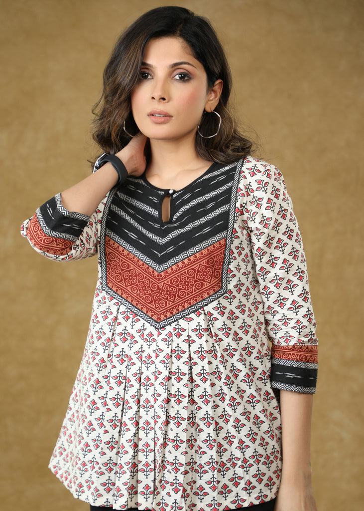 Beautiful Off-white Pleated Ajrakh Ikat Combination Top