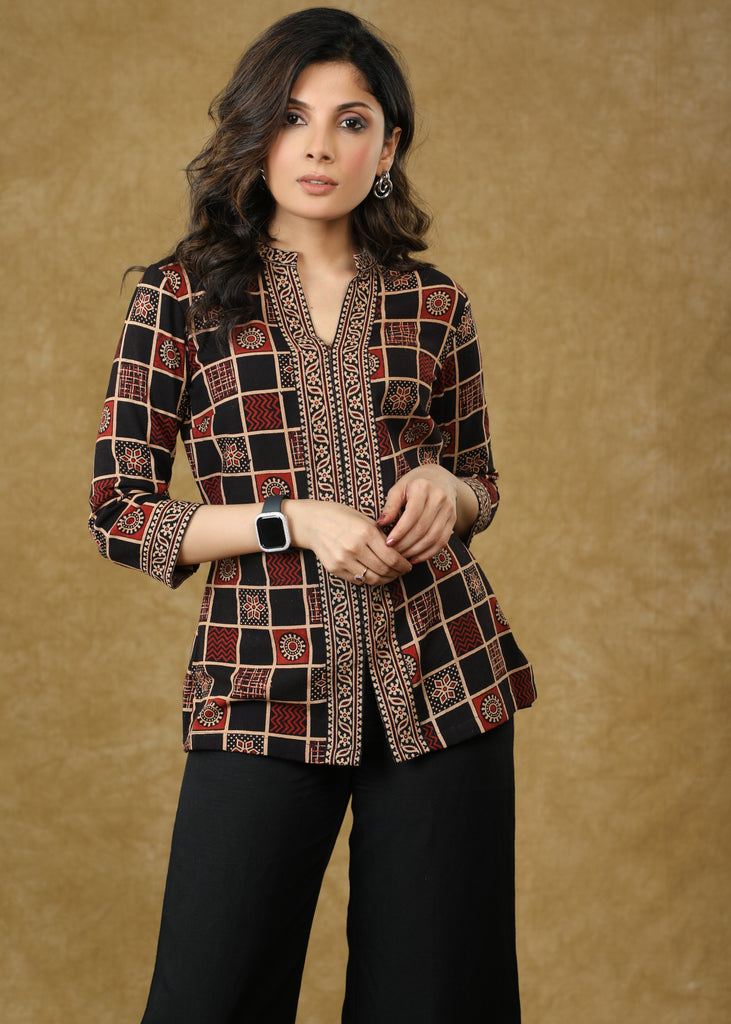 Beautiful Black Cotton Ajrakh Combination Top