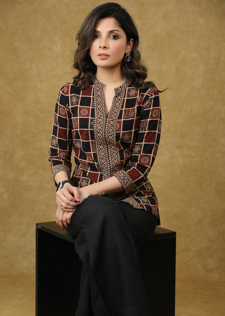Beautiful Black Cotton Ajrakh Combination Top