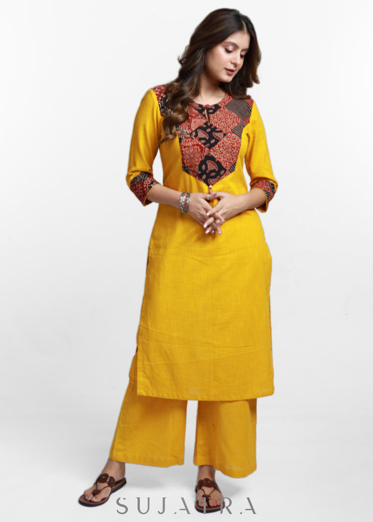 Mustard Cotton Ajrakh Patch Work Kurta-Pant Optional