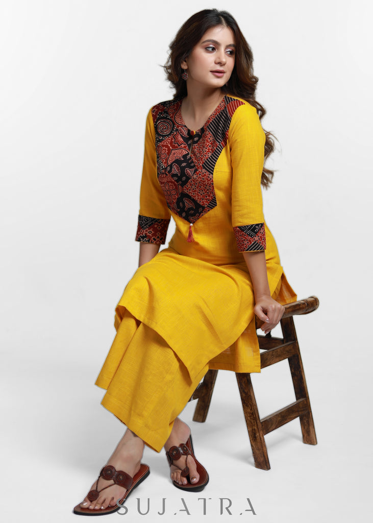 Mustard Cotton Ajrakh Patch Work Kurta-Pant Optional