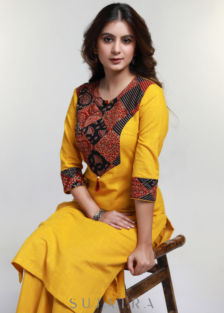 Mustard Cotton Ajrakh Patch Work Kurta-Pant Optional