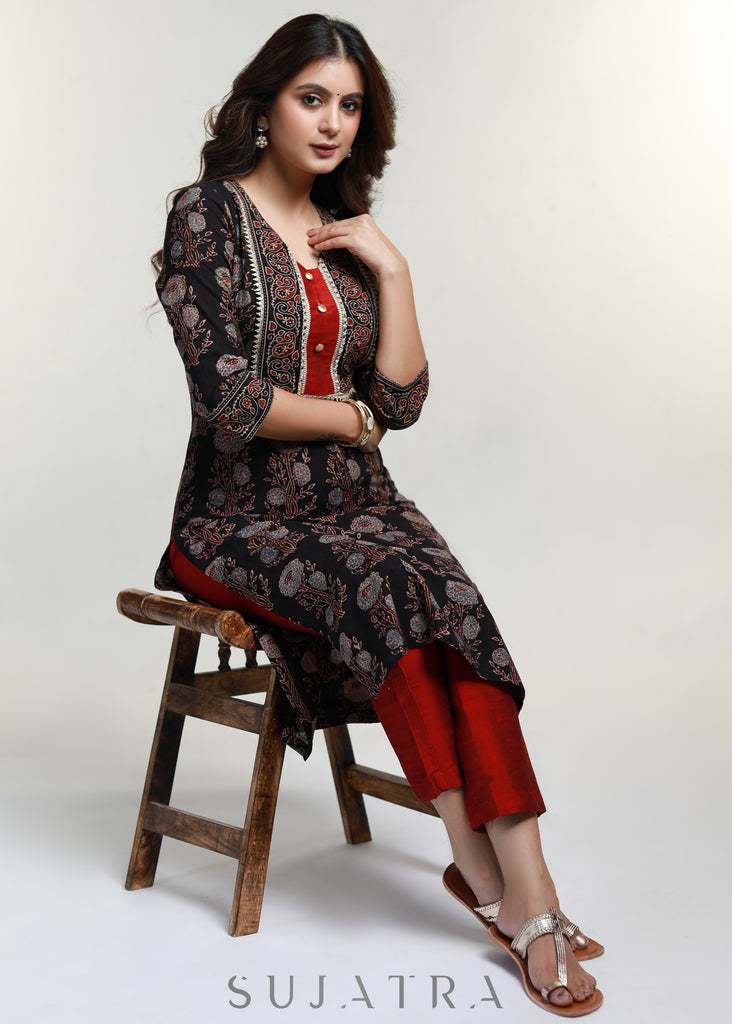 Black Cotton Ajrak Combination Kurta -Pant Optional