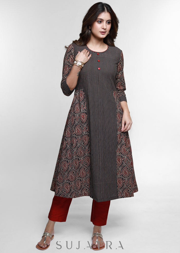 Black Cotton Ajrakh Combination Kurta-Pant Optional