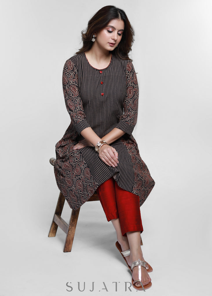 Black Cotton Ajrakh Combination Kurta-Pant Optional