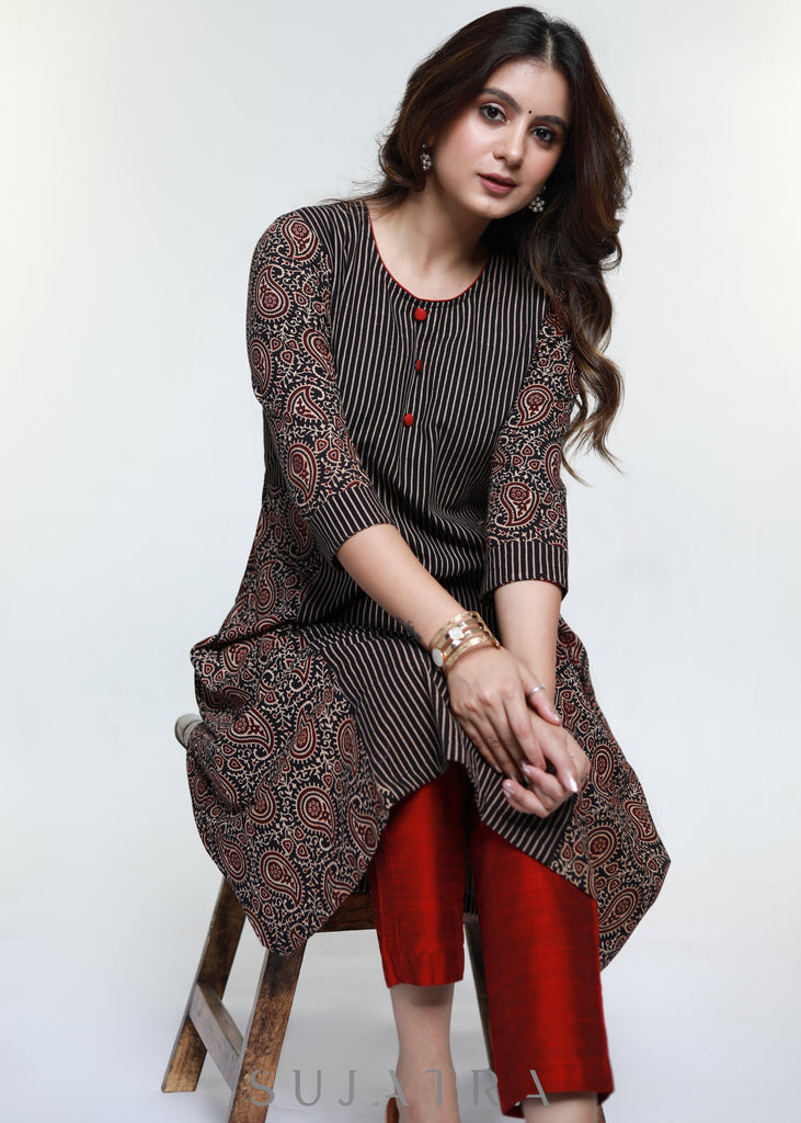 Black Cotton Ajrakh Combination Kurta-Pant Optional