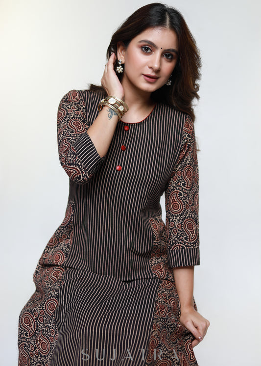 Black Cotton Ajrakh Combination Kurta-Pant Optional