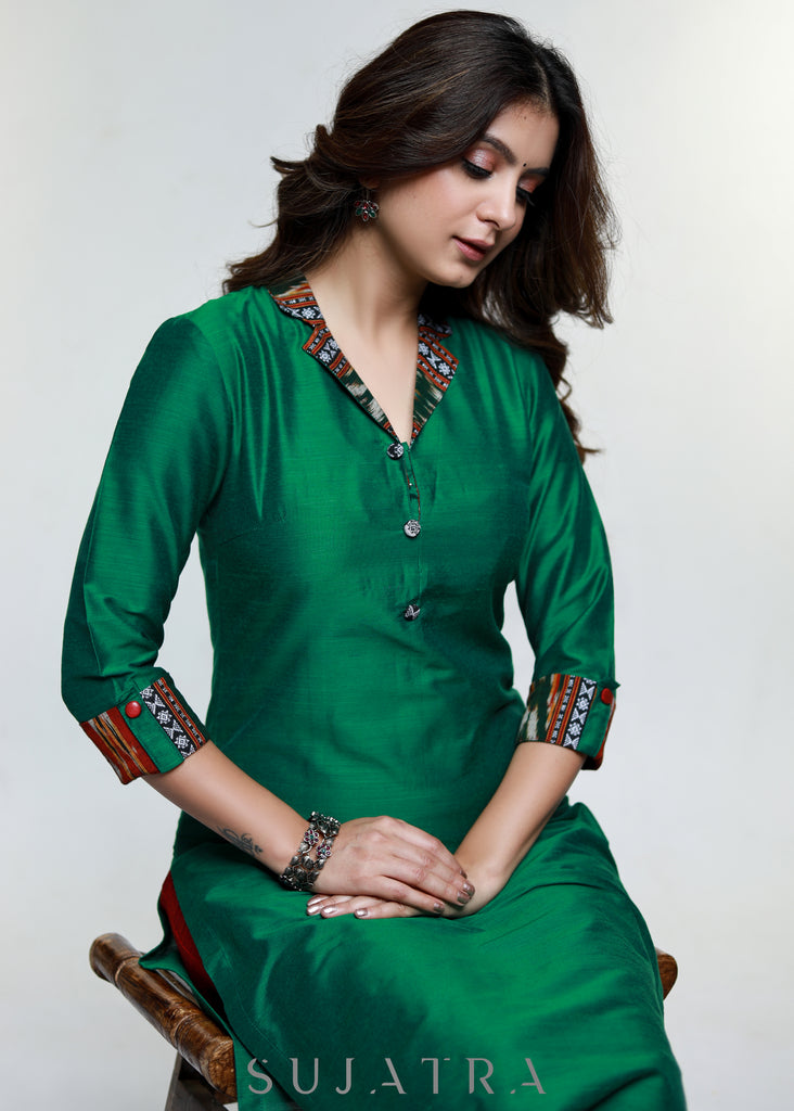 Green Cotton Silk Kurta with Ikat Collar-Pant Optional