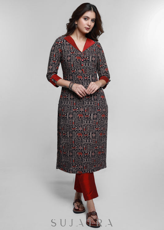 Ajrakh Cotton Kurta With Stylish Collar-Pant Optional