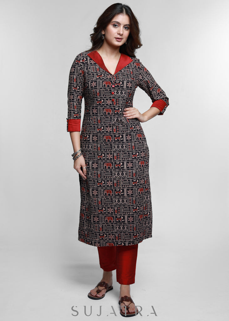 Ajrakh Cotton Kurta With Stylish Collar-Pant Optional