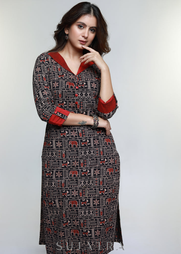Ajrakh Cotton Kurta With Stylish Collar-Pant Optional