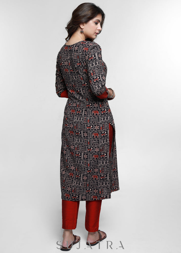 Ajrakh Cotton Kurta With Stylish Collar-Pant Optional