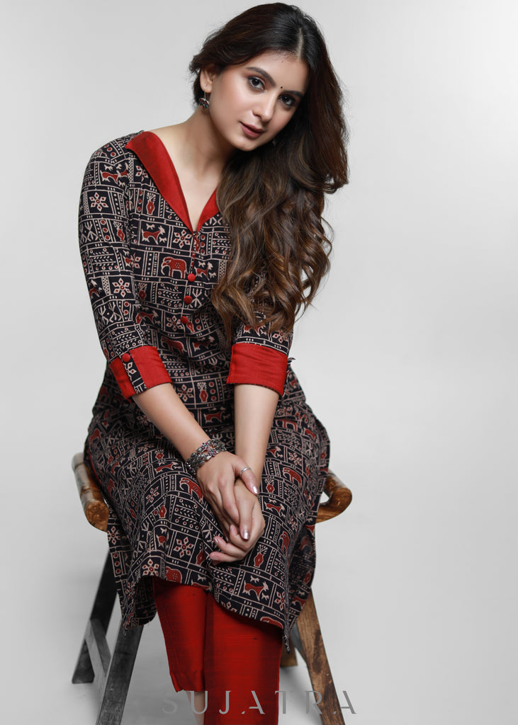 Ajrakh Cotton Kurta With Stylish Collar-Pant Optional