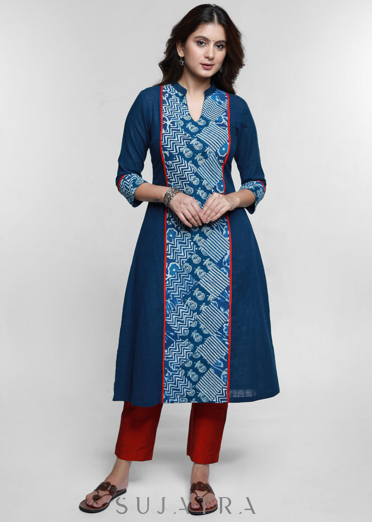 Navy Blue Cotton Kurta With Indigo Patchwork-Pant Optional