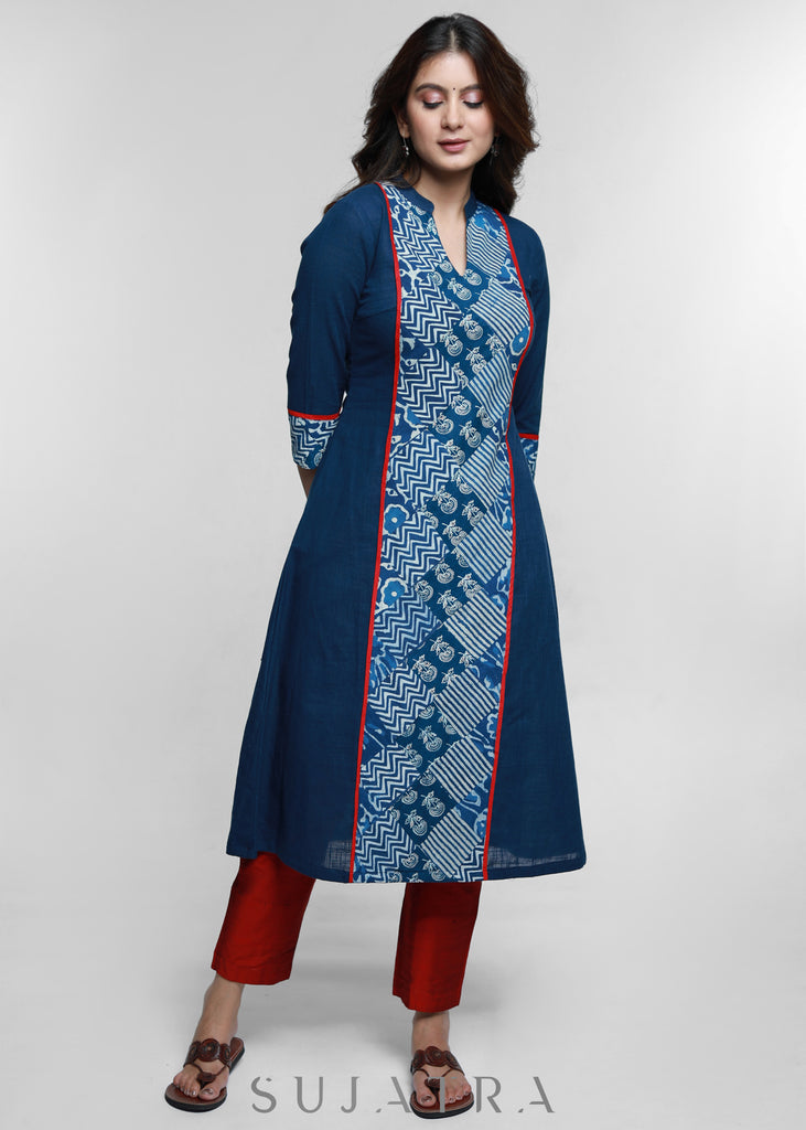 Navy Blue Cotton Kurta With Indigo Patchwork-Pant Optional