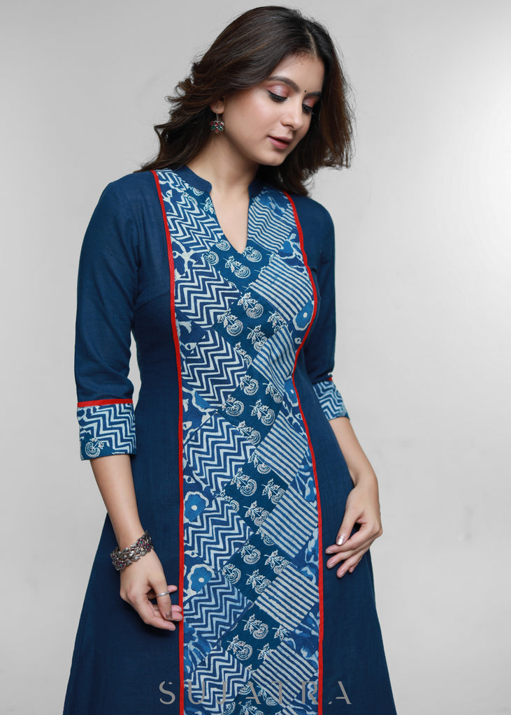 Navy Blue Cotton Kurta With Indigo Patchwork-Pant Optional