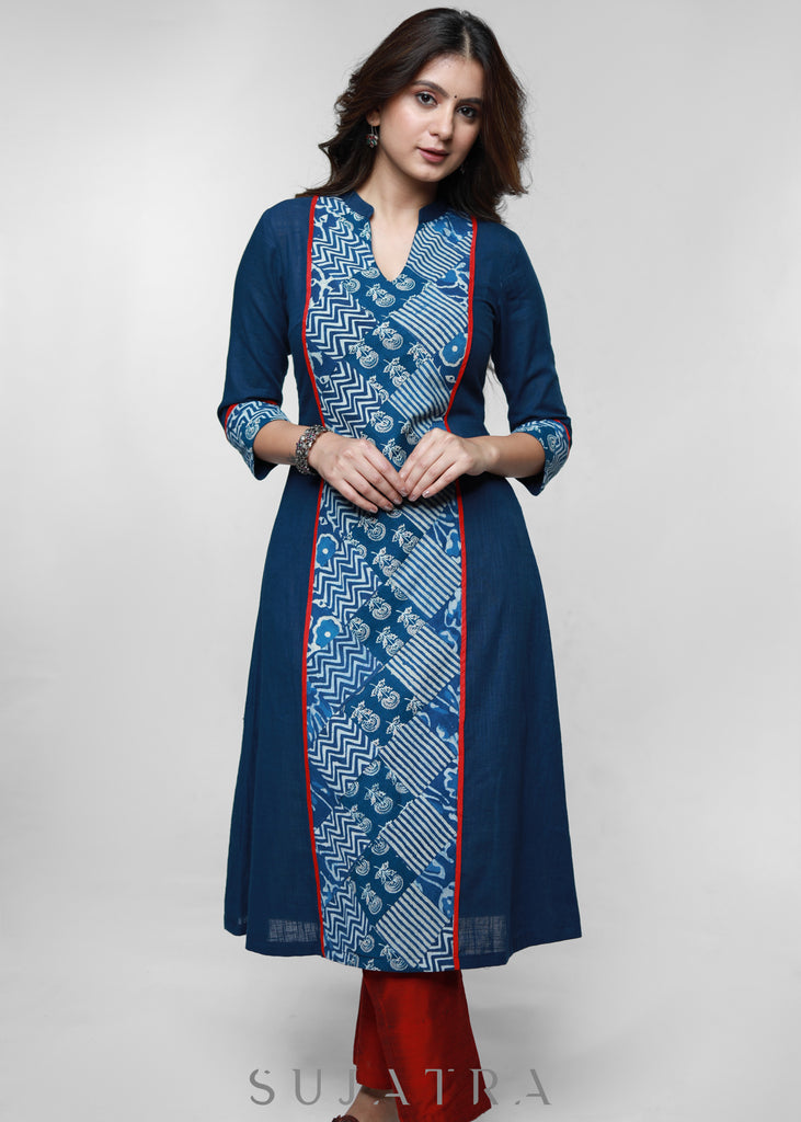 Navy Blue Cotton Kurta With Indigo Patchwork-Pant Optional
